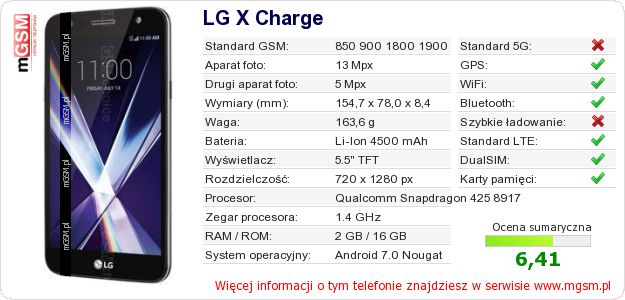 Dane telefonu LG X Charge