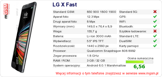 Dane telefonu LG X Fast