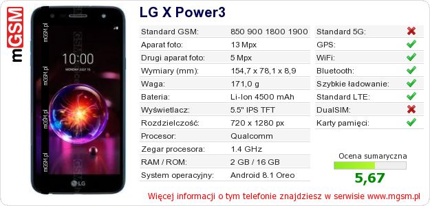 Dane telefonu LG X Power3
