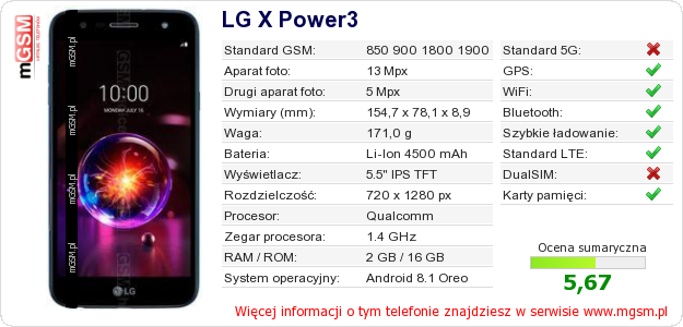 Dane telefonu LG X Power3