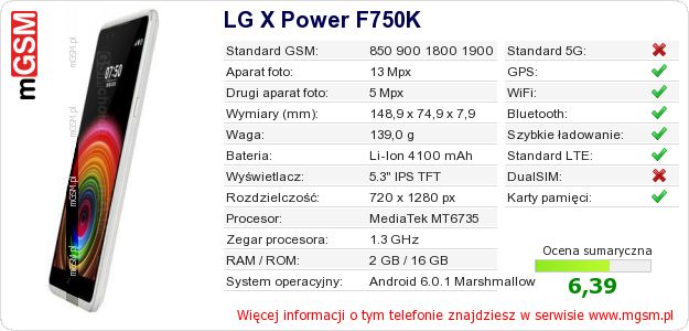 Dane telefonu LG X Power F750K Dane telefonu LG X Power F750K