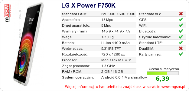 Dane telefonu LG X Power F750K