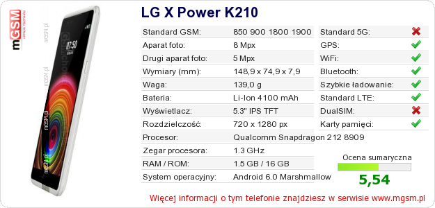 Dane telefonu LG X Power K210 Dane telefonu LG X Power K210