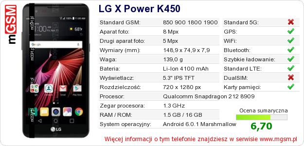 Dane telefonu LG X Power K450 Dane telefonu LG X Power K450