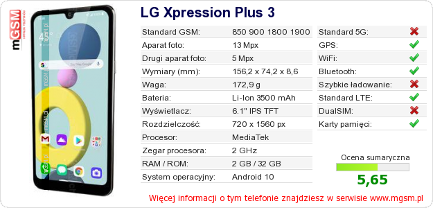 Dane telefonu LG Xpression Plus 3