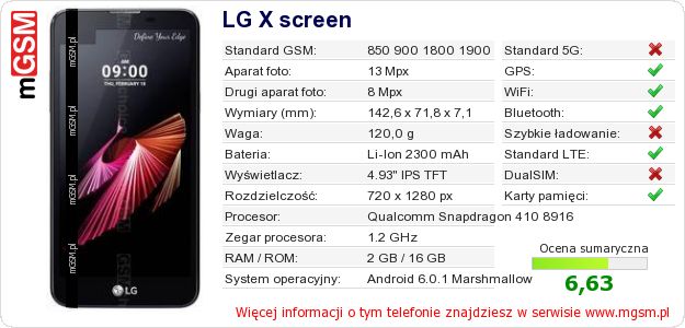 Dane telefonu LG X screen Dane telefonu LG X screen
