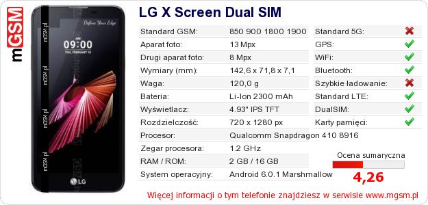 Dane telefonu LG X Screen Dual SIM