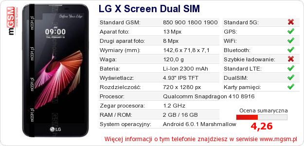 Dane telefonu LG X Screen Dual SIM