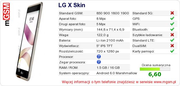 Dane telefonu LG X Skin