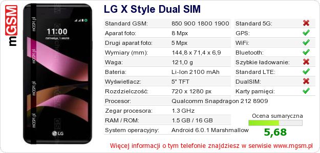 Dane telefonu LG X Style Dual SIM