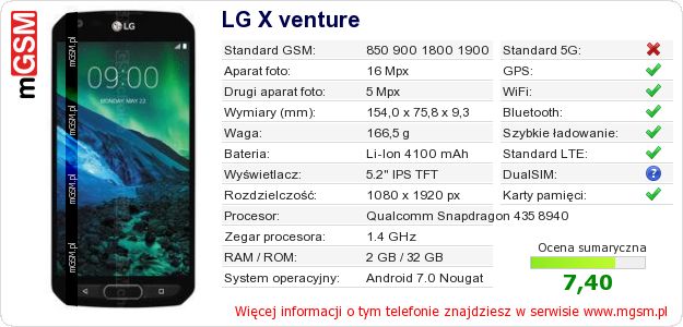 Dane telefonu LG X venture