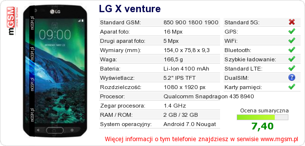 Dane telefonu LG X venture
