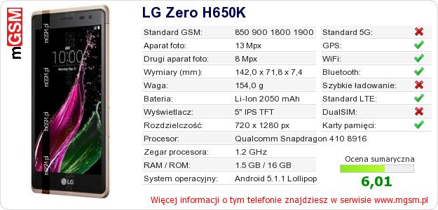 Dane telefonu LG Zero H650K