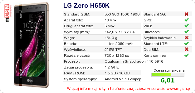 Dane telefonu LG Zero H650K Dane telefonu LG Zero H650K