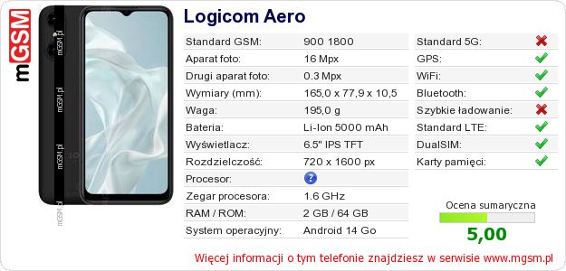 Dane telefonu Logicom Aero