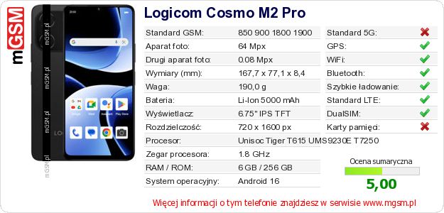 Dane telefonu Logicom Cosmo M2 Pro