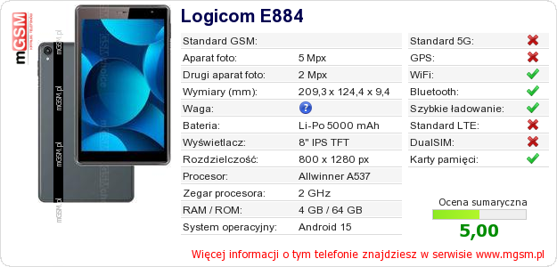 Dane telefonu Logicom E884