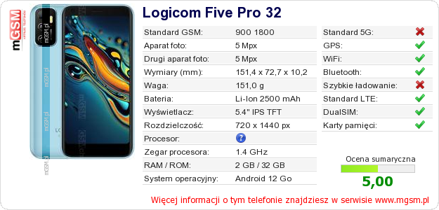 Dane telefonu Logicom Five Pro 32