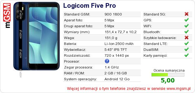 Dane telefonu Logicom Five Pro