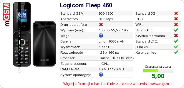Dane telefonu Logicom Fleep 460 Dane telefonu Logicom Fleep 460