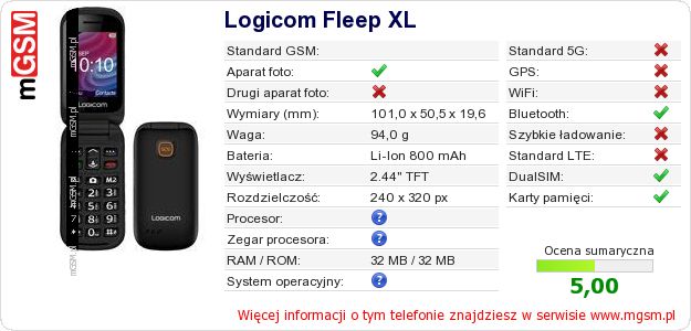 Dane telefonu Logicom Fleep XL Dane telefonu Logicom Fleep XL