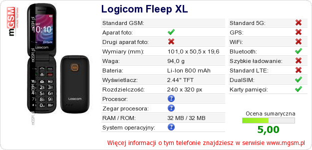 Dane telefonu Logicom Fleep XL