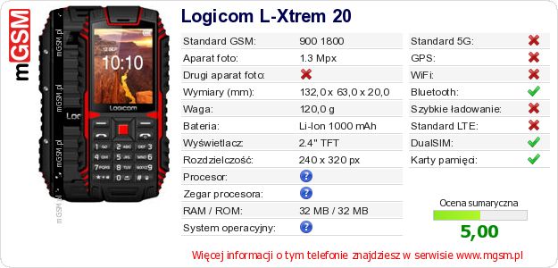 Dane telefonu Logicom L-Xtrem 20 Dane telefonu Logicom L-Xtrem 20