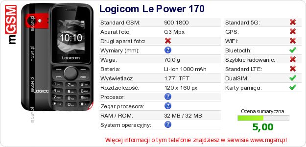 Dane telefonu Logicom Le Power 170 Dane telefonu Logicom Le Power 170