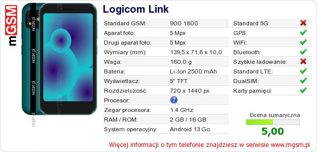Dane telefonu Logicom Link Dane telefonu Logicom Link