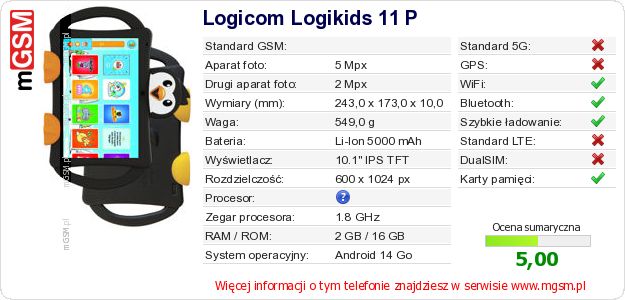 Dane telefonu Logicom Logikids 11 P
