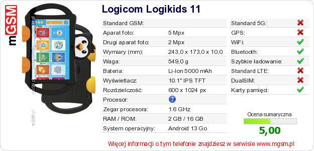 Dane telefonu Logicom Logikids 11
