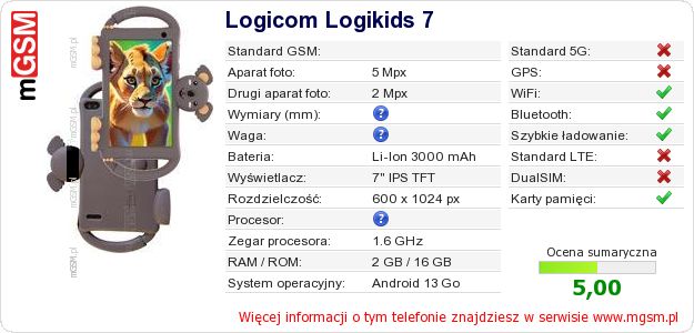 Dane telefonu Logicom Logikids 7