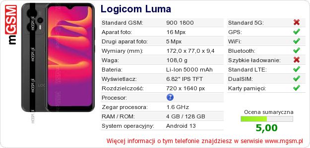 Dane telefonu Logicom Luma Dane telefonu Logicom Luma