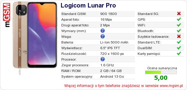 Dane telefonu Logicom Lunar Pro