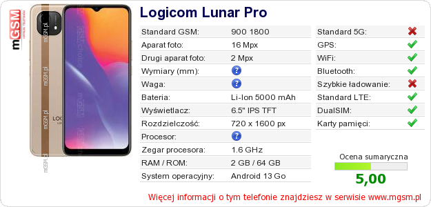Dane telefonu Logicom Lunar Pro