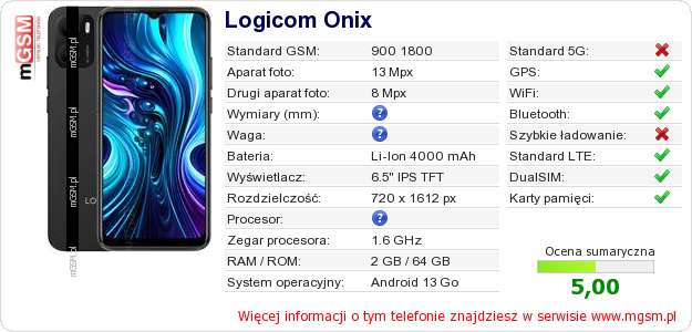Dane telefonu Logicom Onix