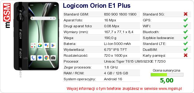 Dane telefonu Logicom Orion E1 Plus Dane telefonu Logicom Orion E1 Plus