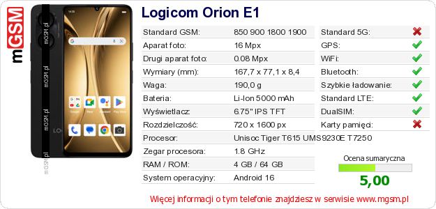Dane telefonu Logicom Orion E1 Dane telefonu Logicom Orion E1
