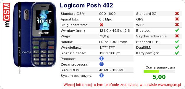 Dane telefonu Logicom Posh 402 Dane telefonu Logicom Posh 402