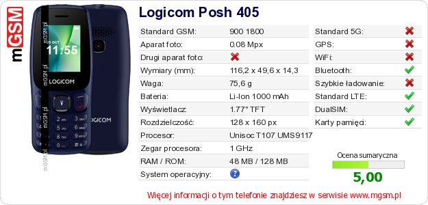 Dane telefonu Logicom Posh 405 Dane telefonu Logicom Posh 405
