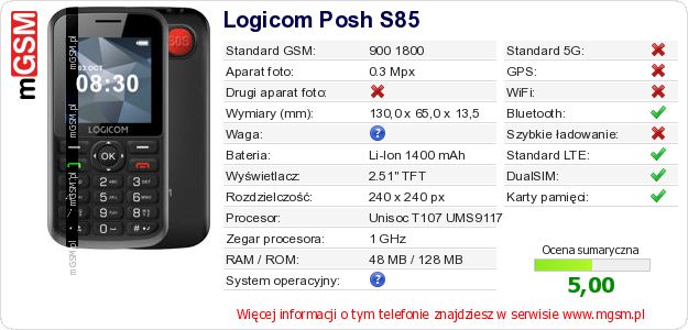 Dane telefonu Logicom Posh S85