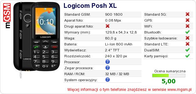 Dane telefonu Logicom Posh XL