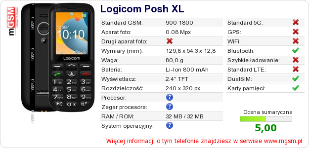 Dane telefonu Logicom Posh XL