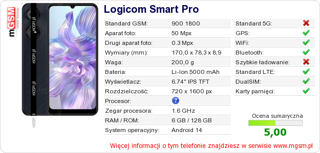 Dane telefonu Logicom Smart Pro