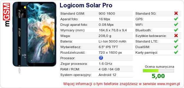 Dane telefonu Logicom Solar Pro