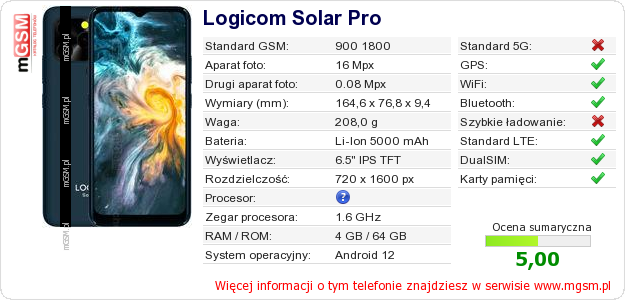 Dane telefonu Logicom Solar Pro