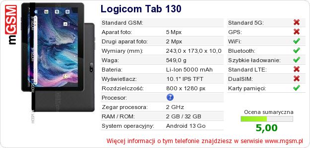 Dane telefonu Logicom Tab 130