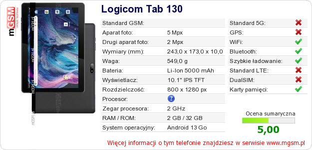 Dane telefonu Logicom Tab 130