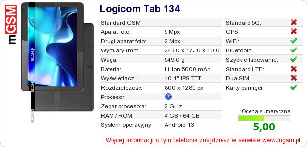 Dane telefonu Logicom Tab 134 Dane telefonu Logicom Tab 134
