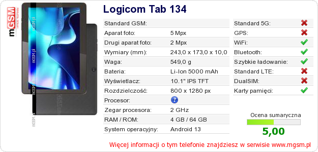 Dane telefonu Logicom Tab 134